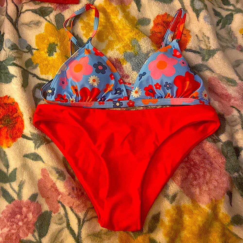 Shein, bottoms are red and the top is floral with a sky/powder blue background.